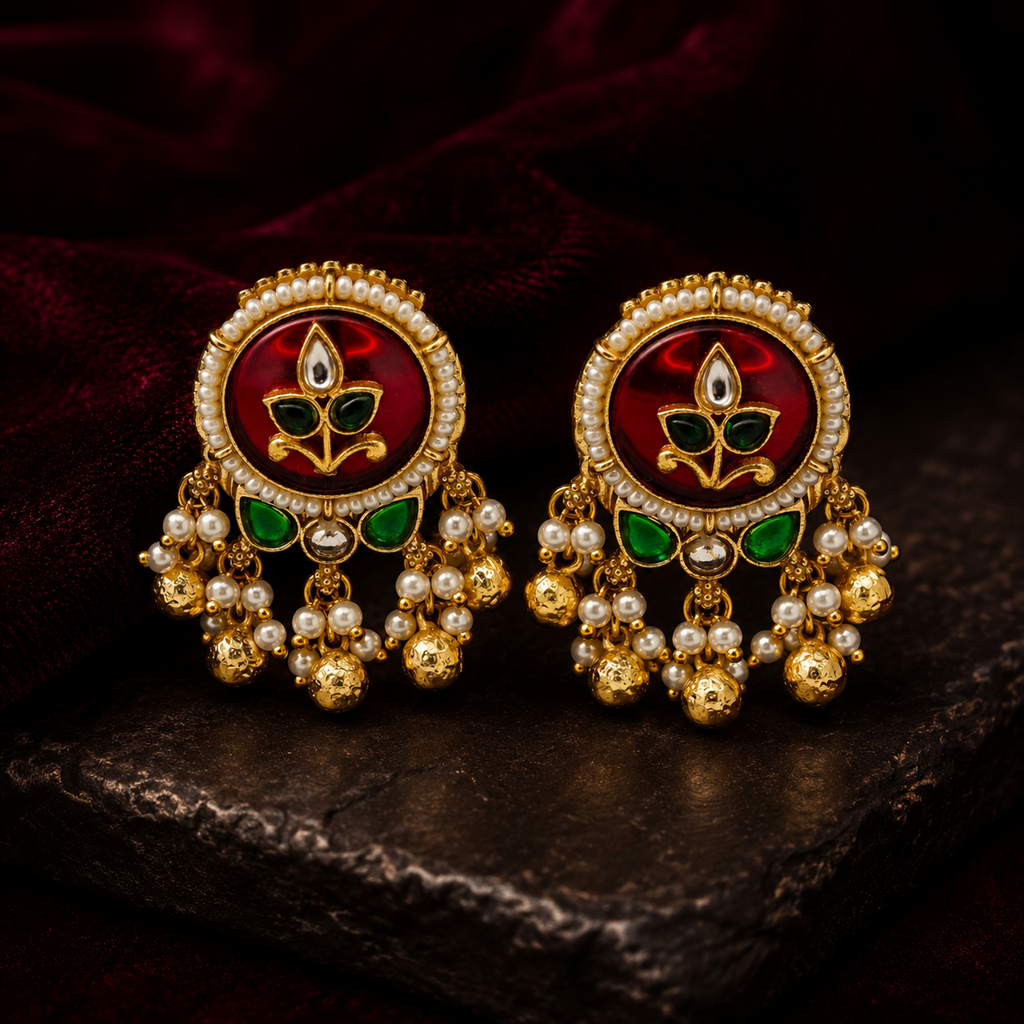 Gold-Plated Green Meenakari & Kundan Statement Earrings