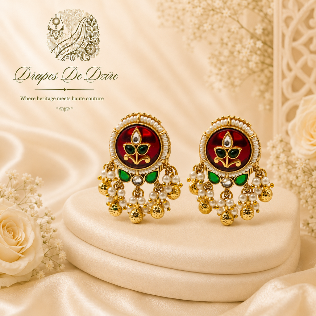 Gold-Plated Green Meenakari & Kundan Statement Earrings
