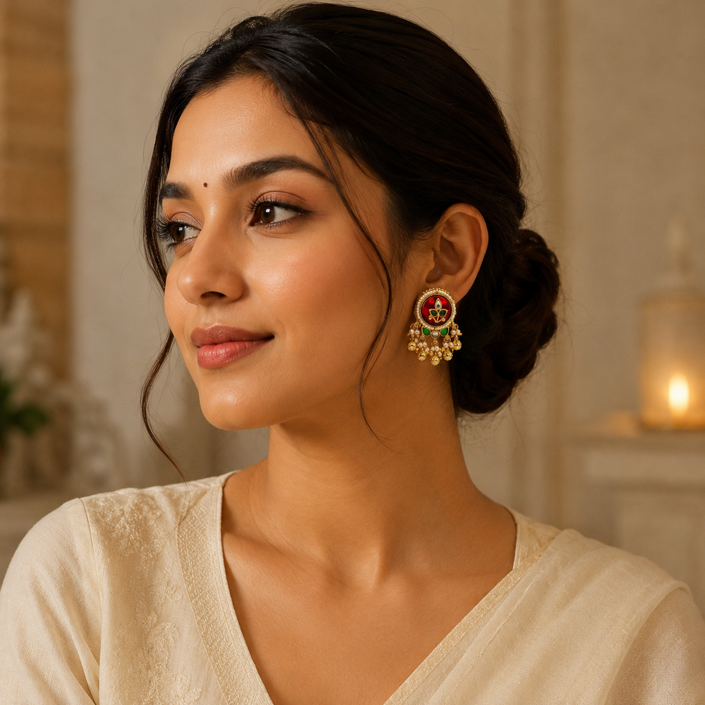 Gold-Plated Green Meenakari & Kundan Statement Earrings
