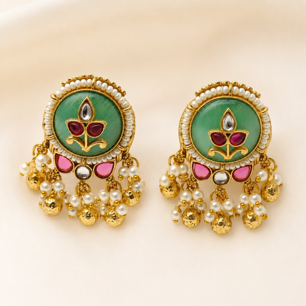 Gold-Plated Green Meenakari & Kundan Statement Earrings