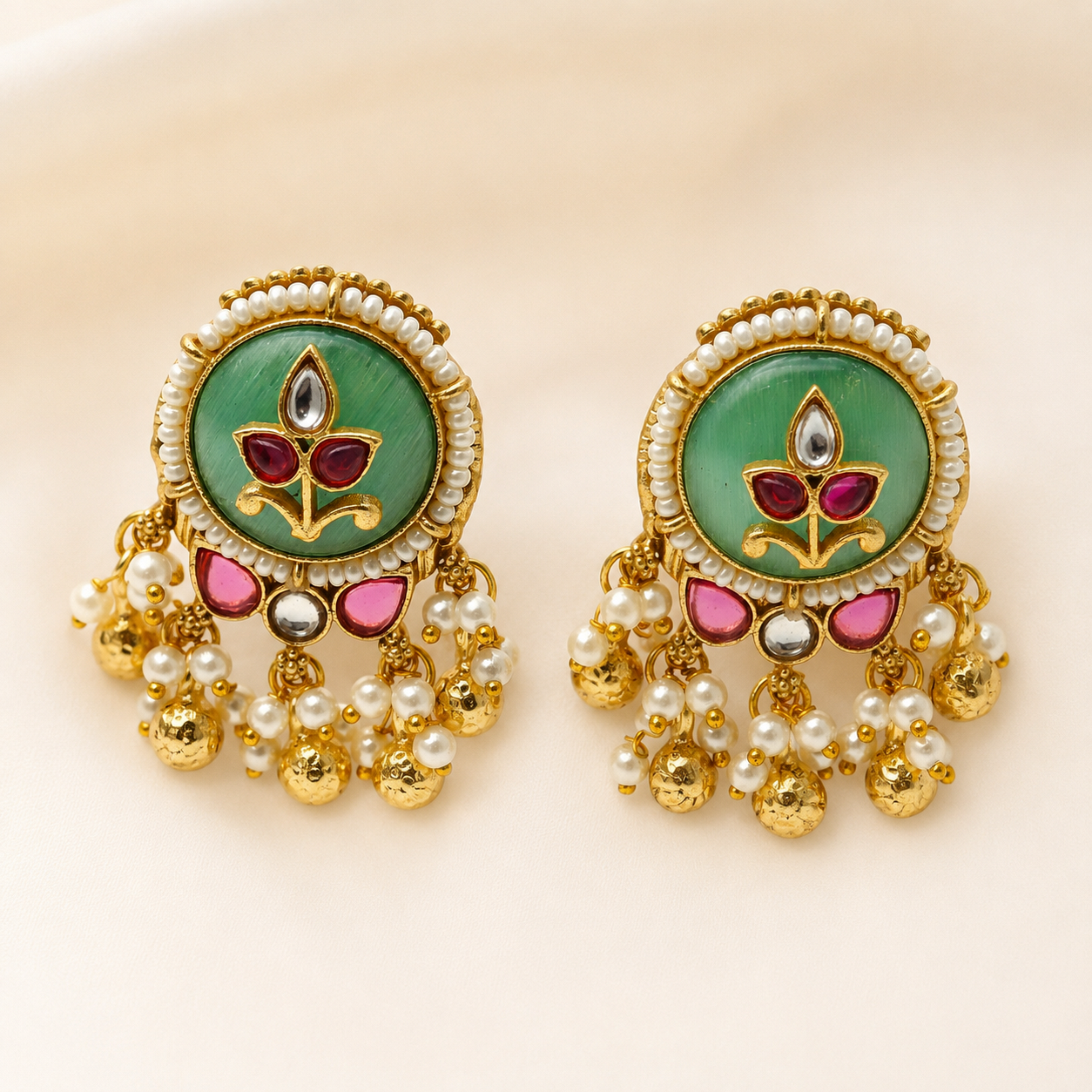 Gold-Plated Green Meenakari & Kundan Statement Earrings