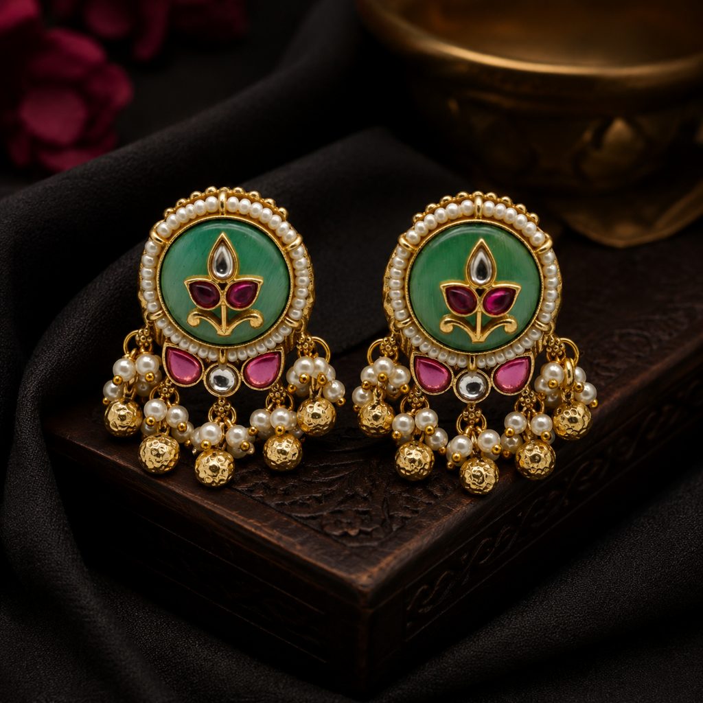 Gold-Plated Green Meenakari & Kundan Statement Earrings