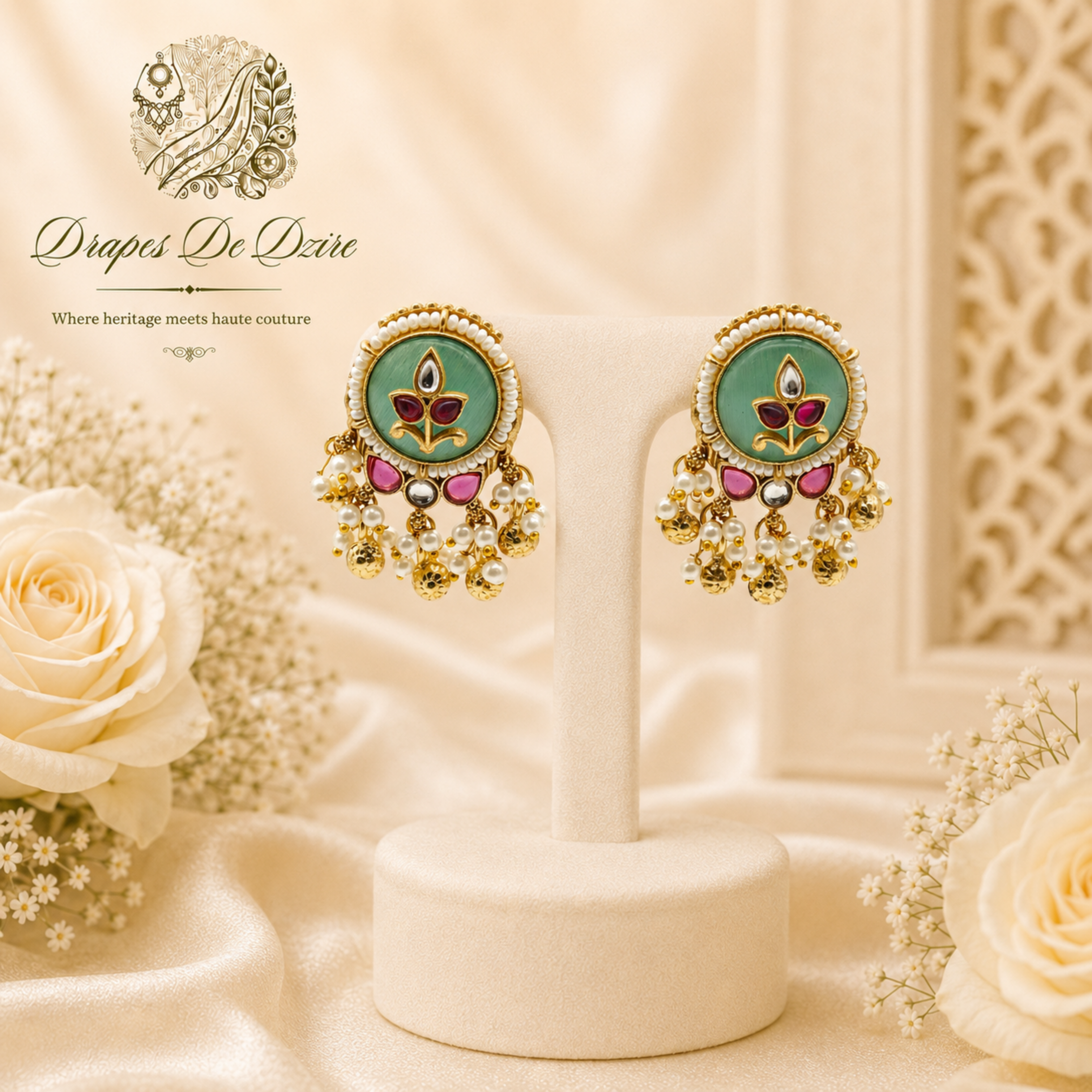 Gold-Plated Green Meenakari & Kundan Statement Earrings
