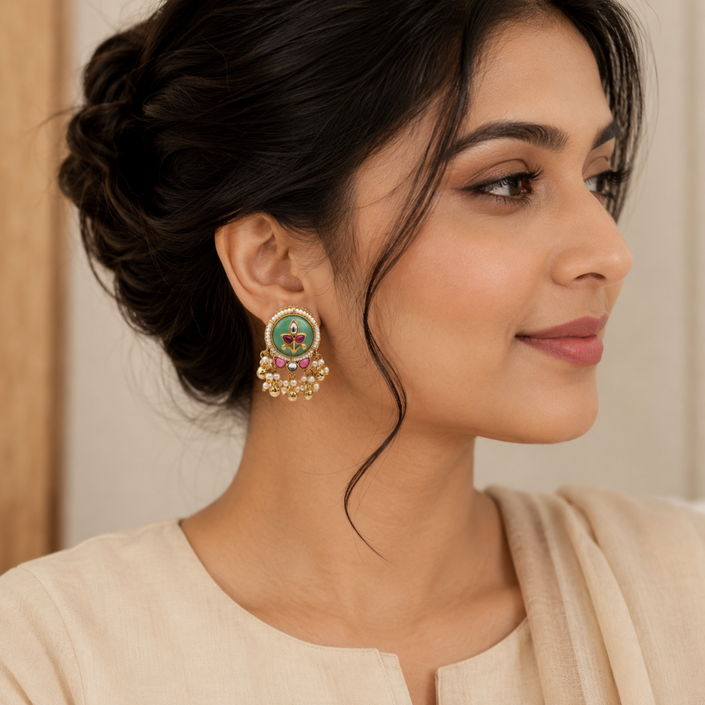 Gold-Plated Green Meenakari & Kundan Statement Earrings