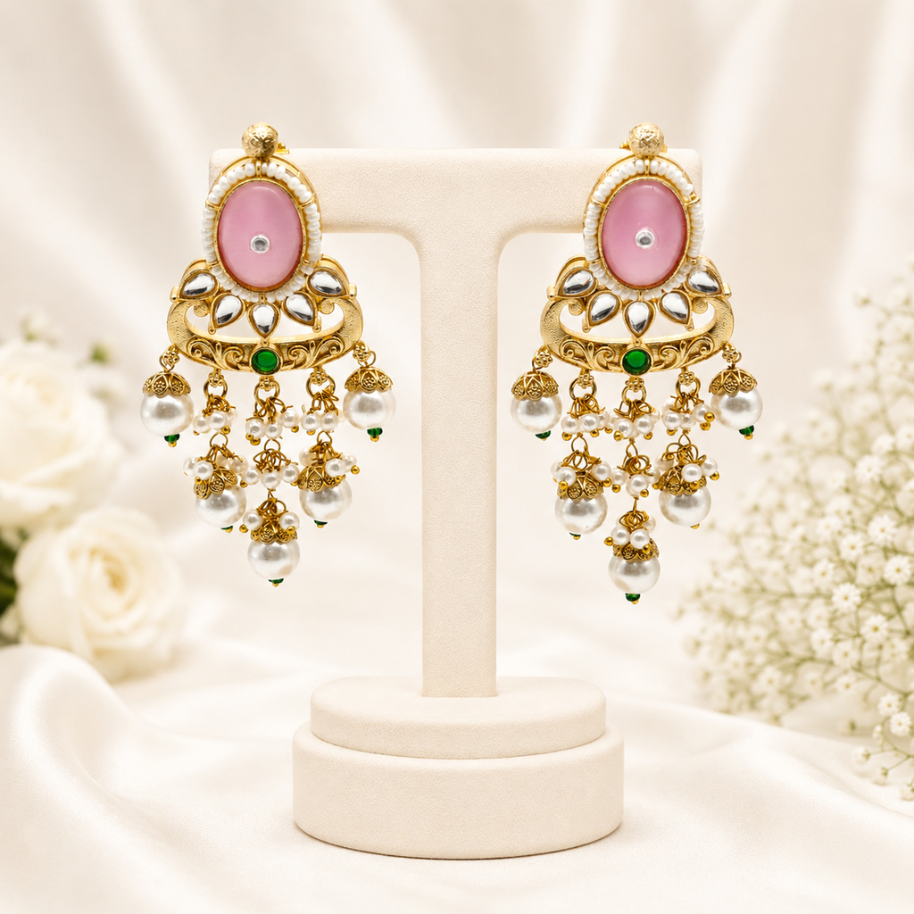 Elegant Gold-Plated Meenakari & Pearl Chandbali Earrings