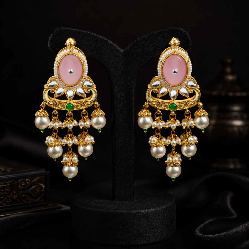 Elegant Gold-Plated Meenakari & Pearl Chandbali Earrings