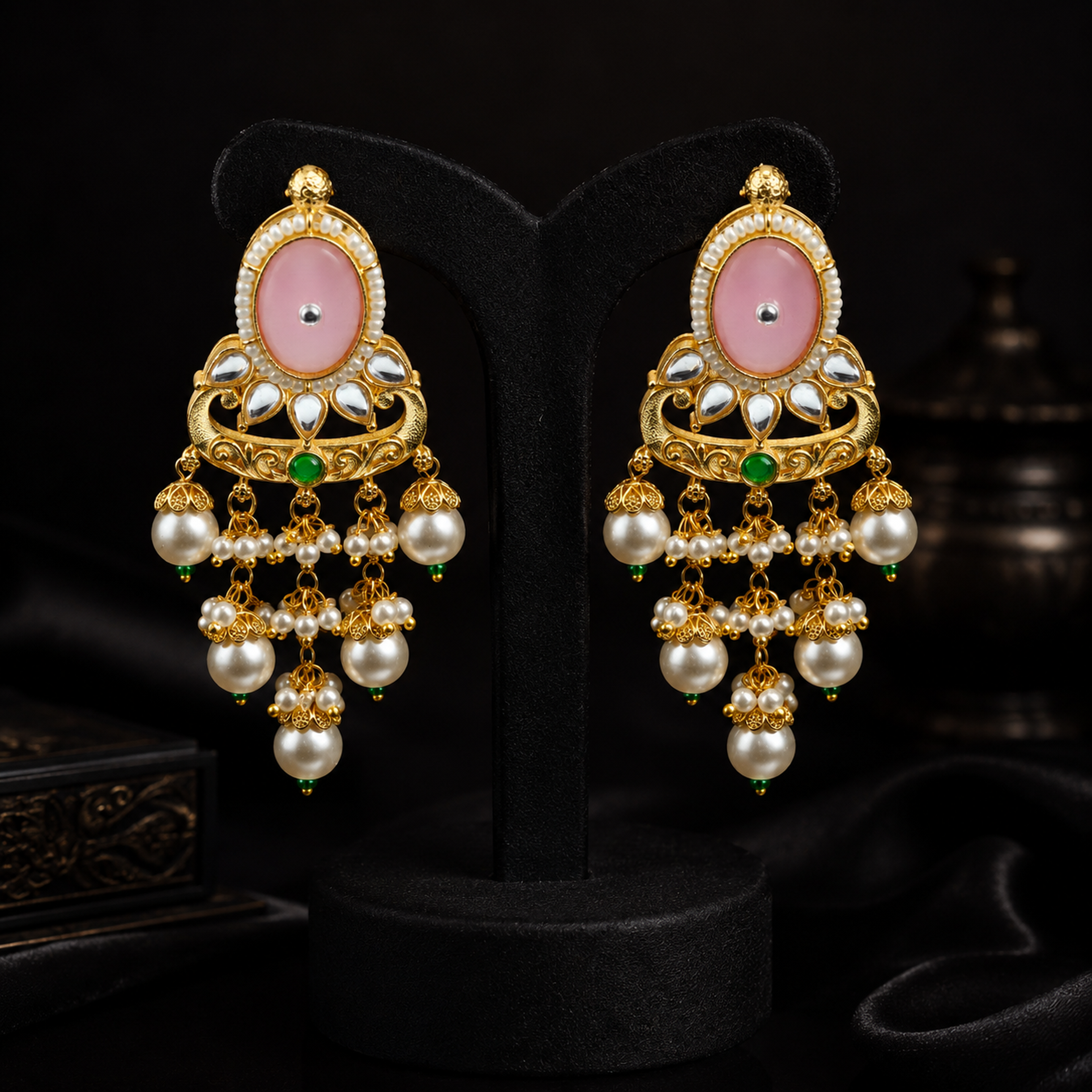 Elegant Gold-Plated Meenakari & Pearl Chandbali Earrings
