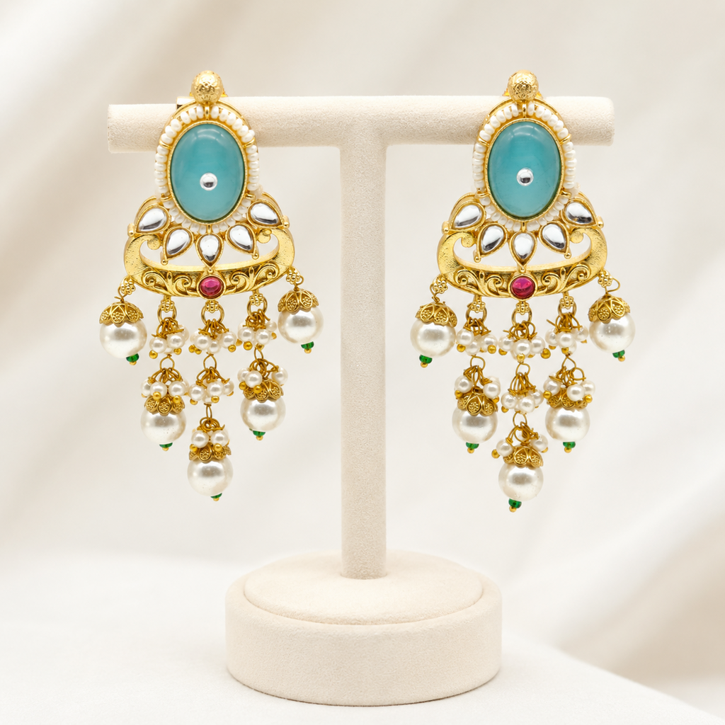Elegant Gold-Plated Meenakari & Pearl Chandbali Earrings