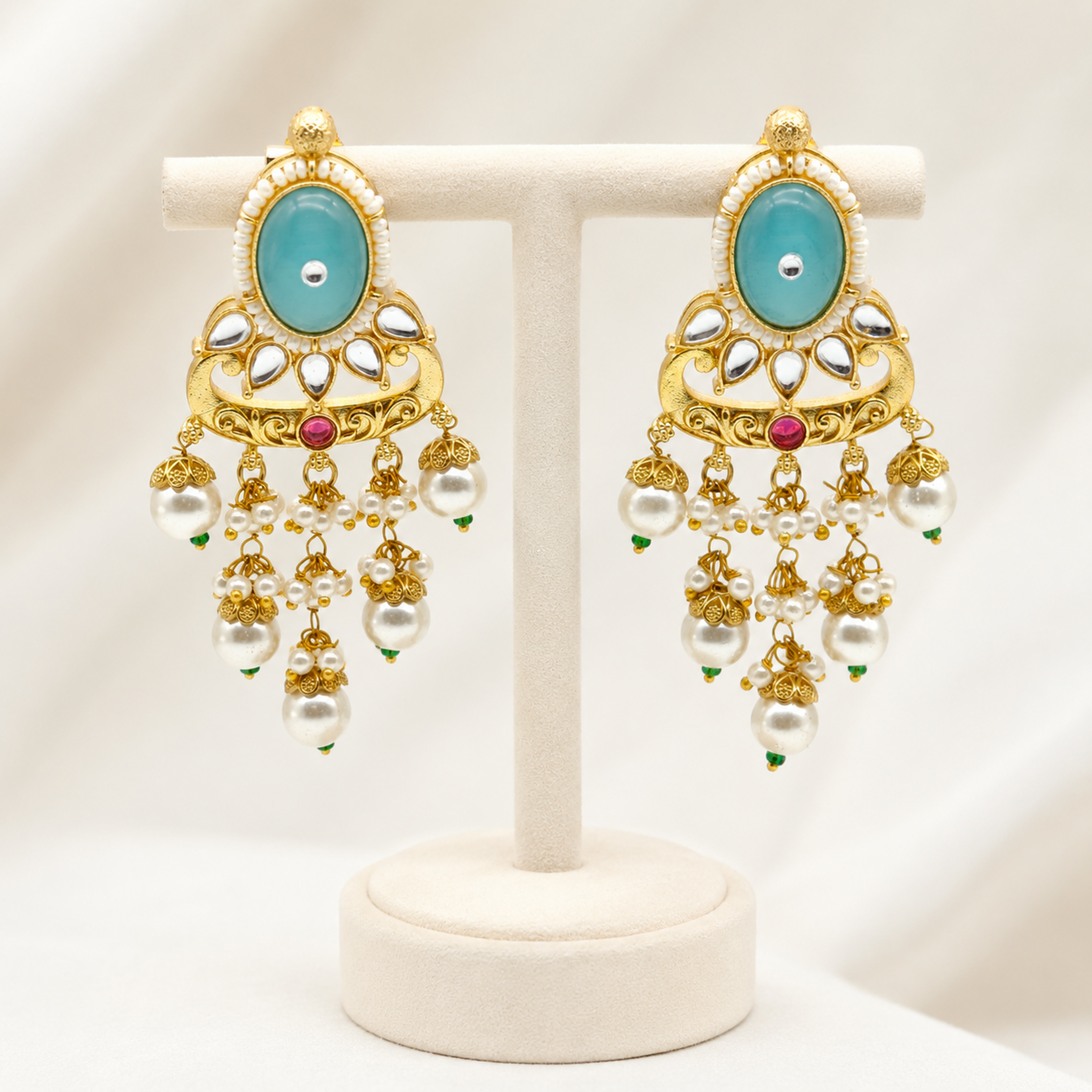 Elegant Gold-Plated Meenakari & Pearl Chandbali Earrings