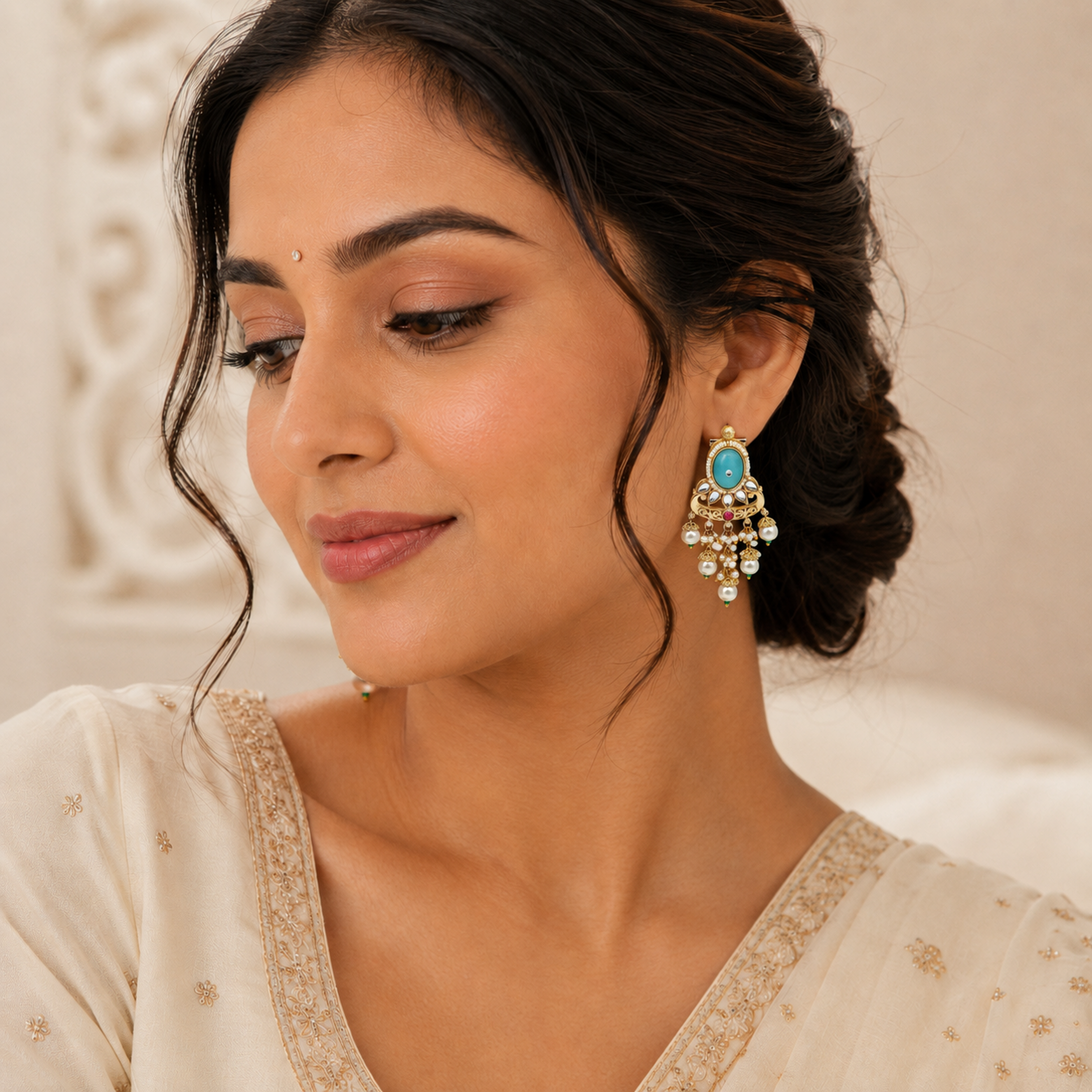 Elegant Gold-Plated Meenakari & Pearl Chandbali Earrings