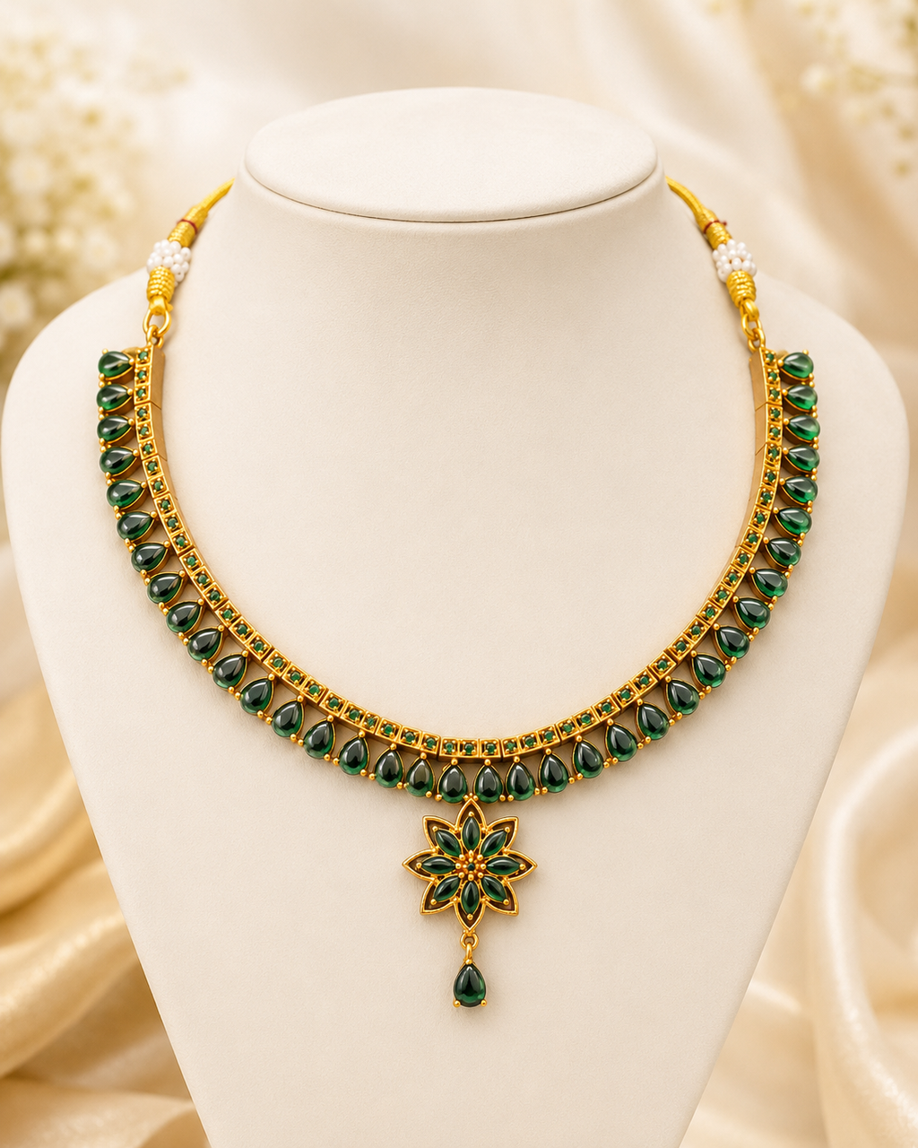 Gold-Tone Green Stone Floral Choker Necklace