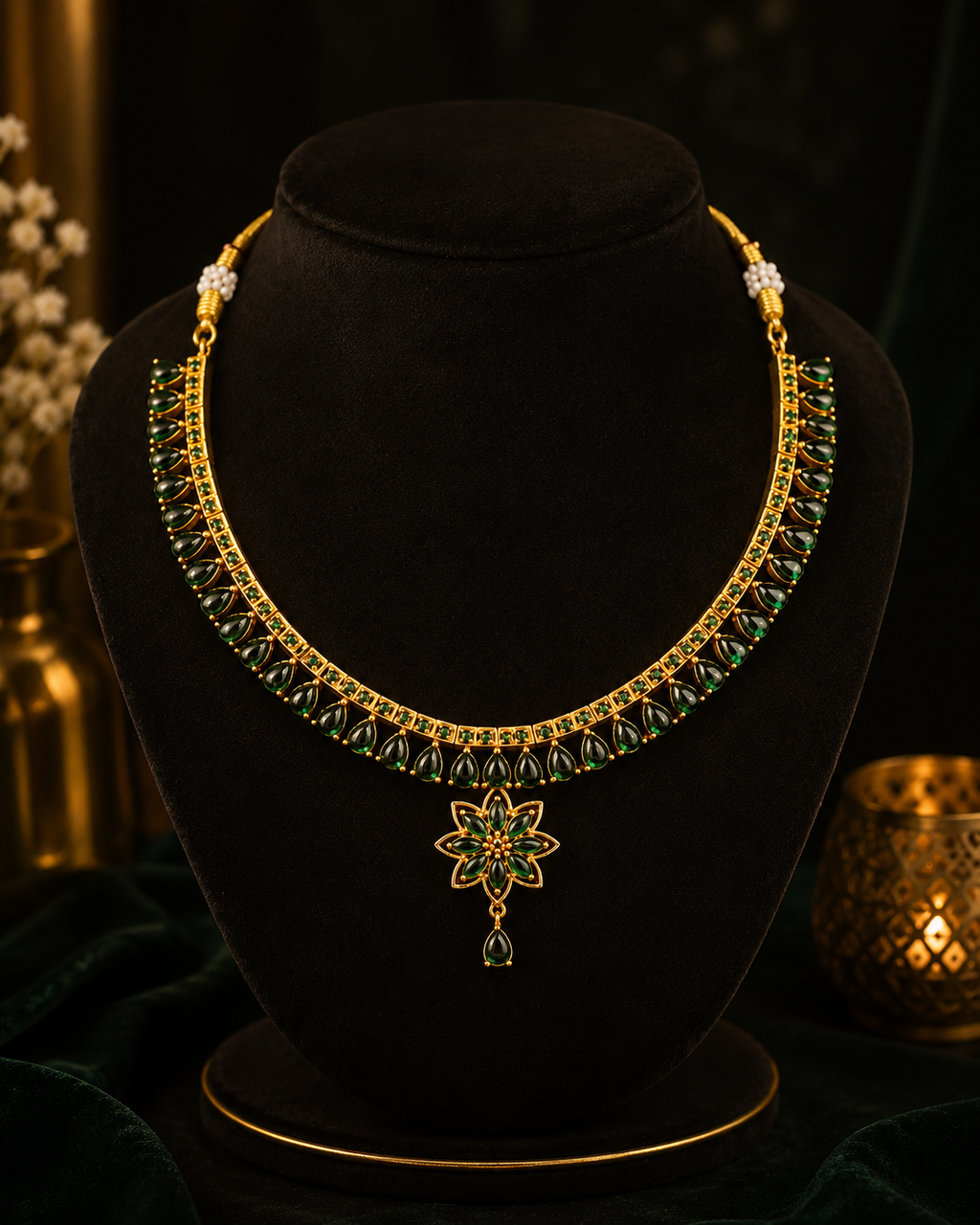 Gold-Tone Green Stone Floral Choker Necklace