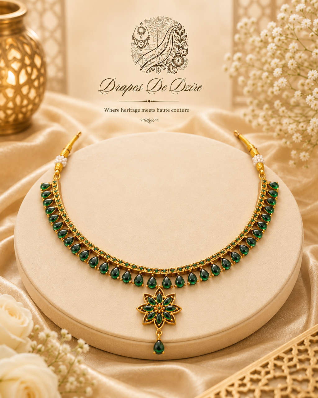 Gold-Tone Green Stone Floral Choker Necklace