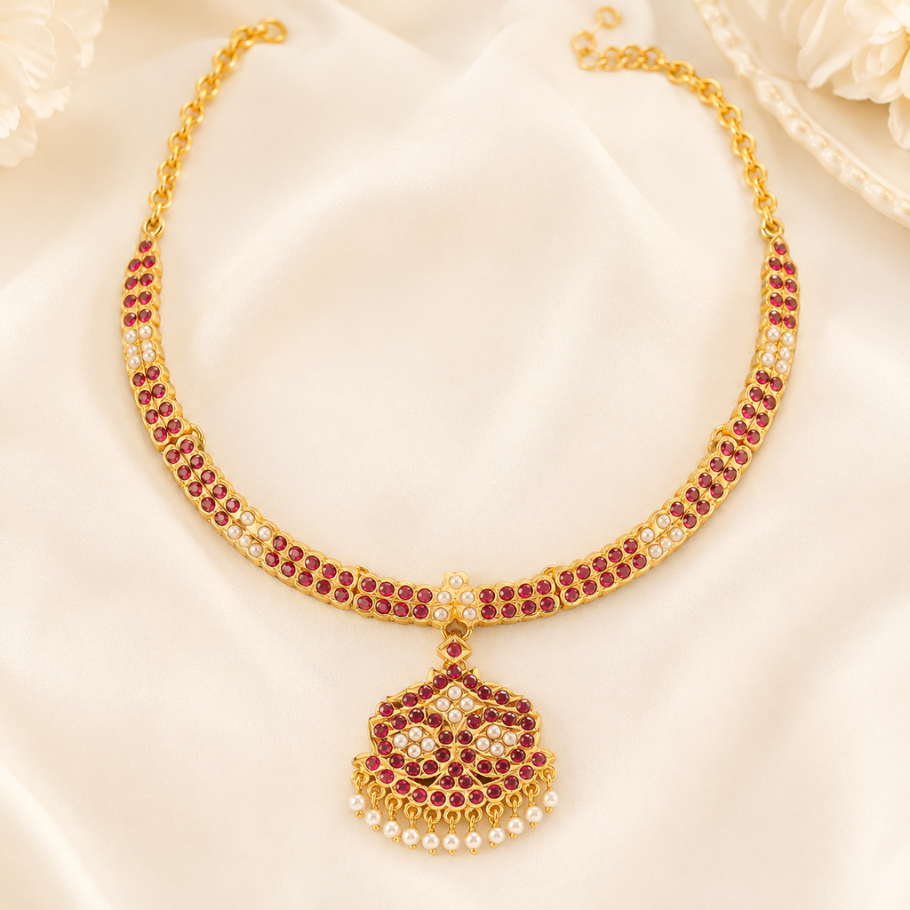 White Pearl & Maroon Stone Brass Short Choker Necklace