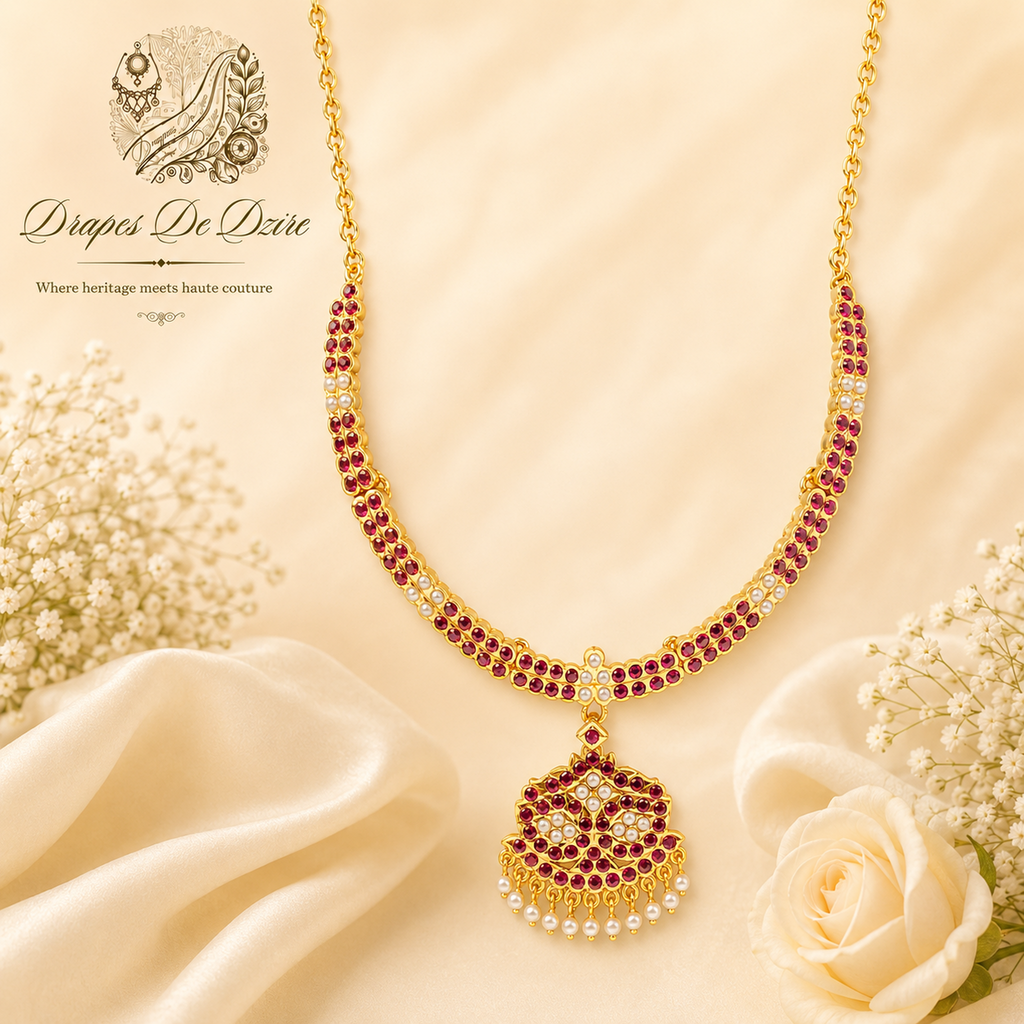 White Pearl & Maroon Stone Brass Short Choker Necklace