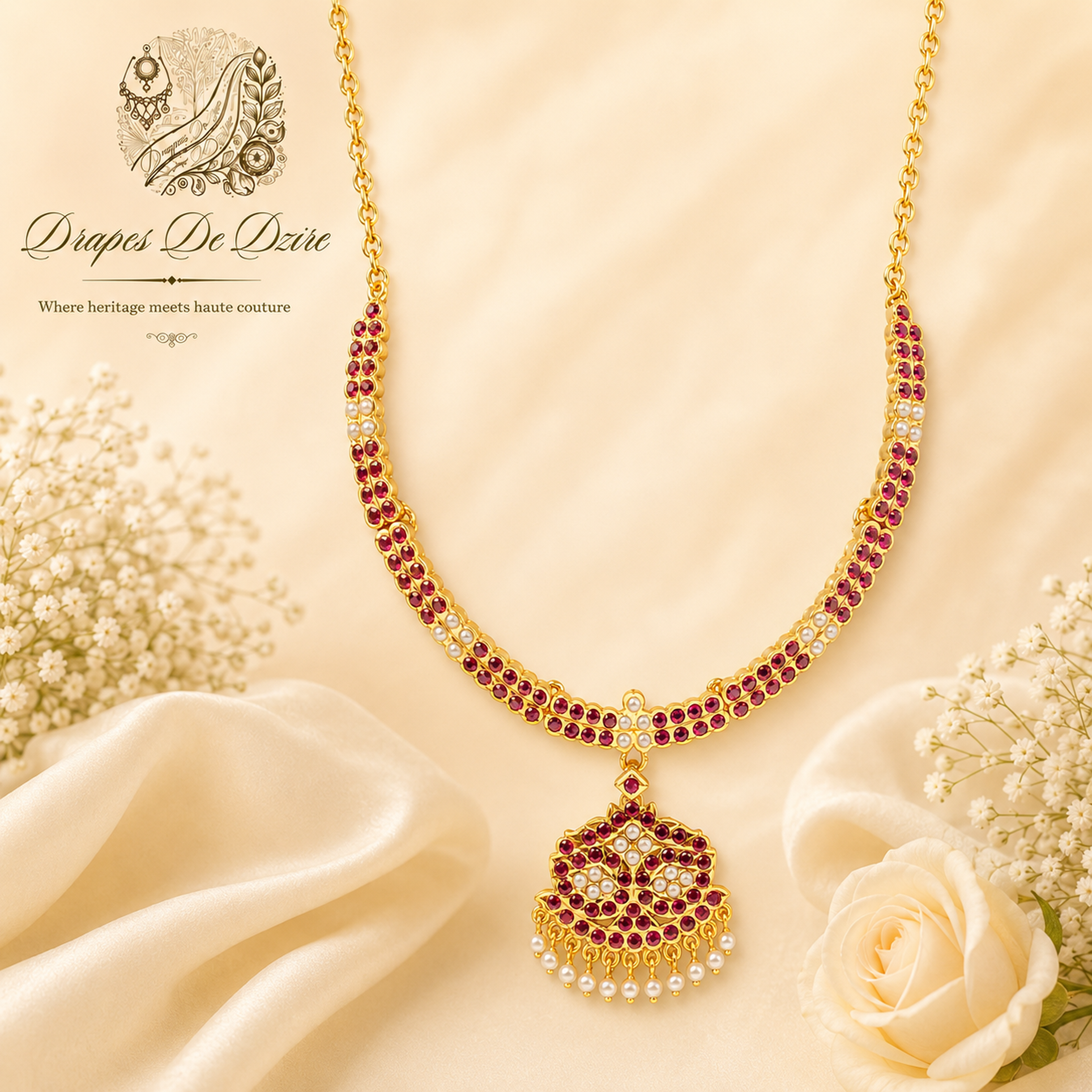 White Pearl & Maroon Stone Brass Short Choker Necklace