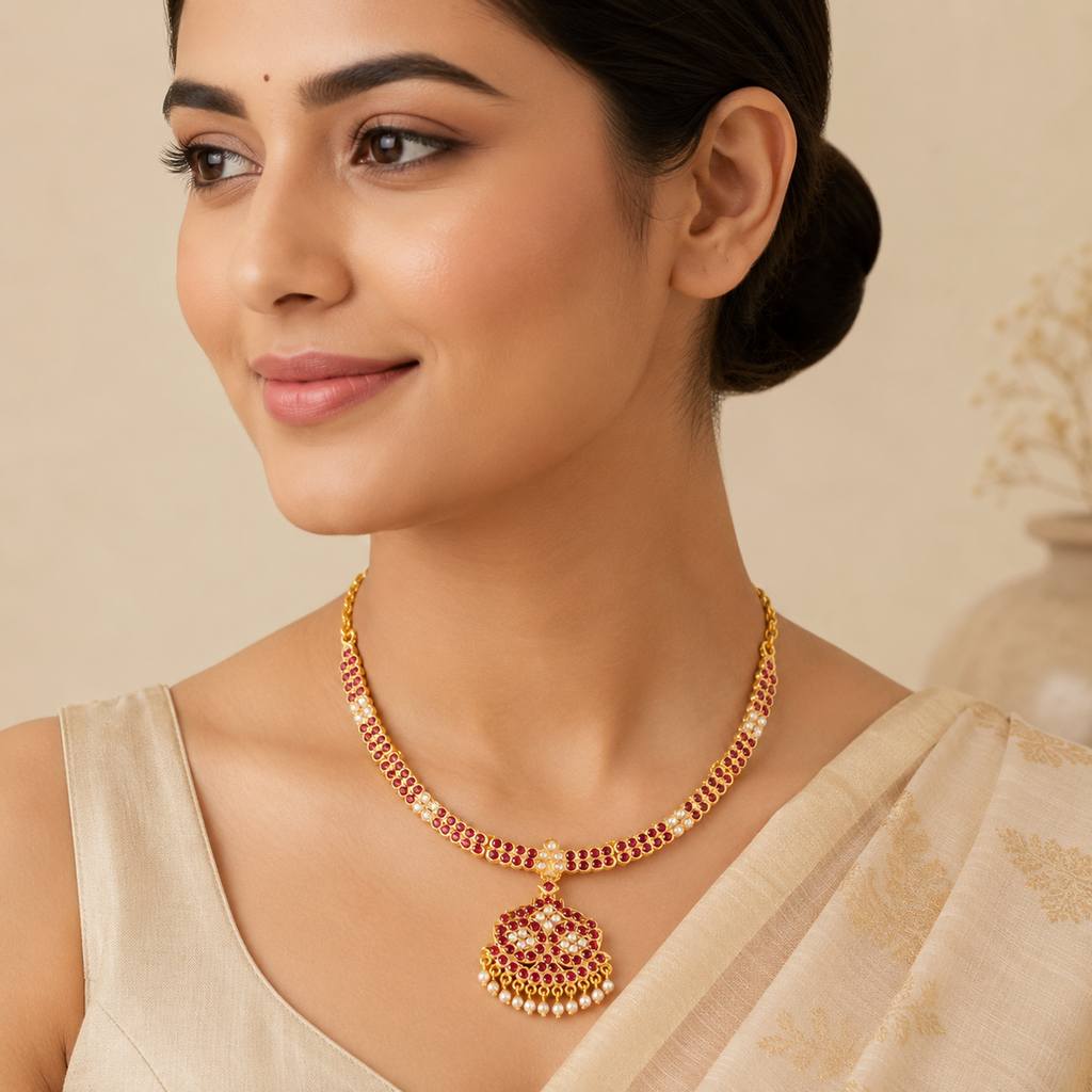 White Pearl & Maroon Stone Brass Short Choker Necklace