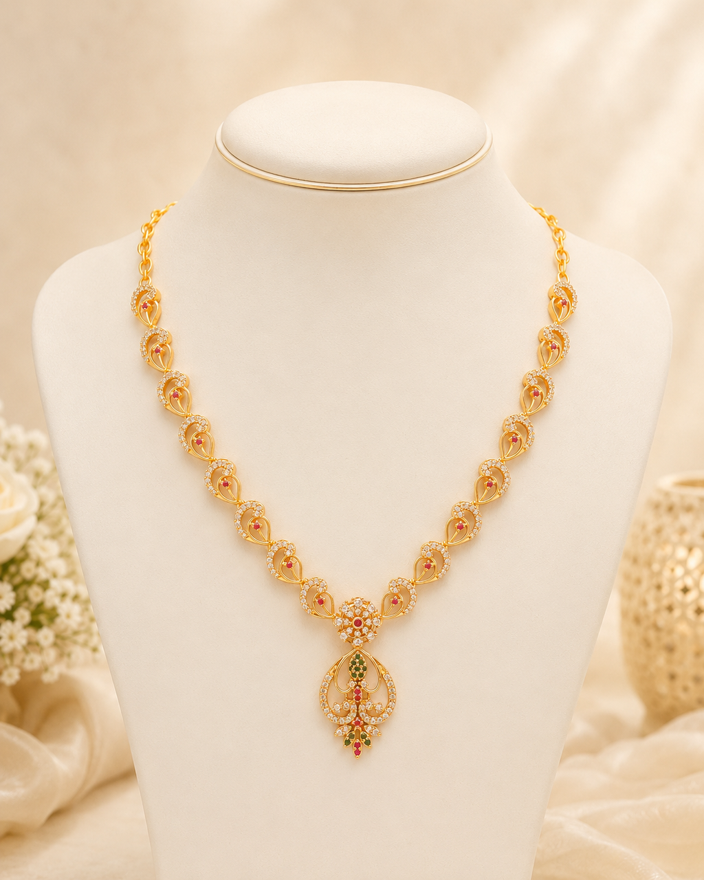 Heart-Shaped Twin Peacock Gold-Plated Short Necklace