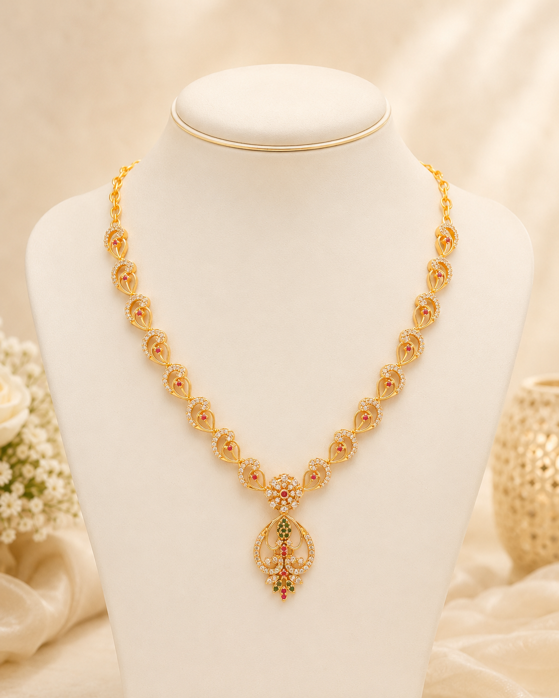 Heart-Shaped Twin Peacock Gold-Plated Short Necklace