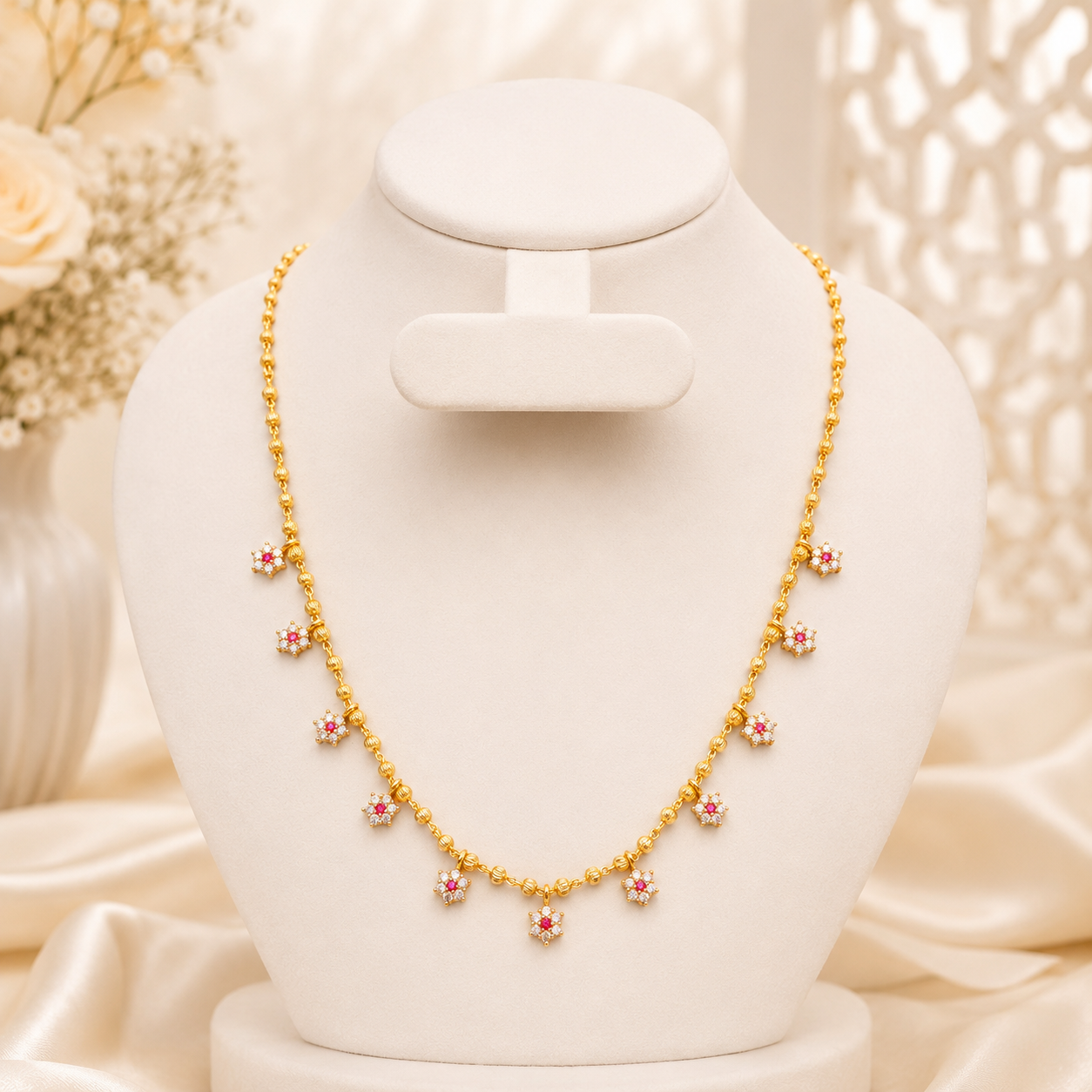 Lightweight White & Red Floral Design Gold-Plated Short Chain
