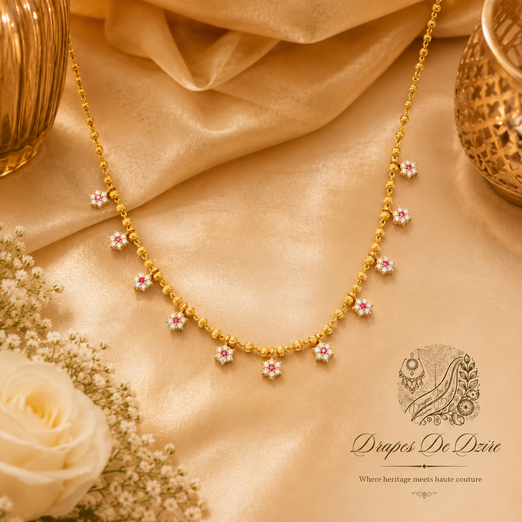 Lightweight White & Red Floral Design Gold-Plated Short Chain