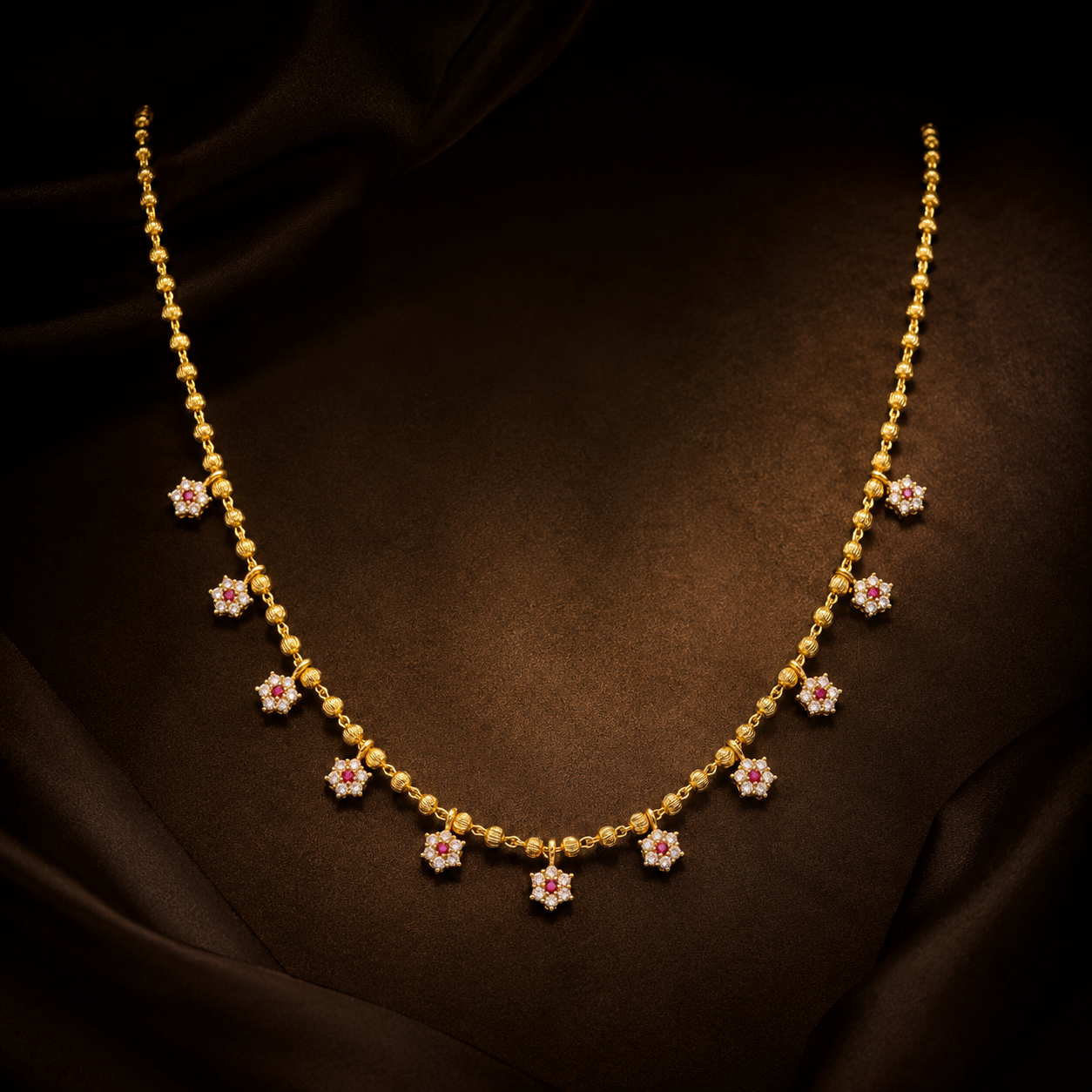 Lightweight White & Red Floral Design Gold-Plated Short Chain