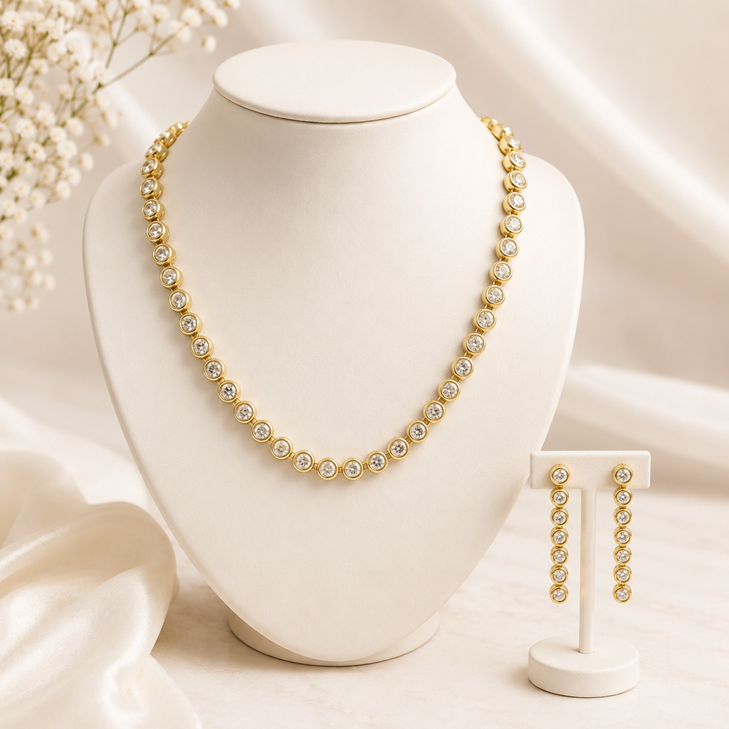Dainty White Stone Gold-Plated Weightless Short Chain Set with Pressing Earrings