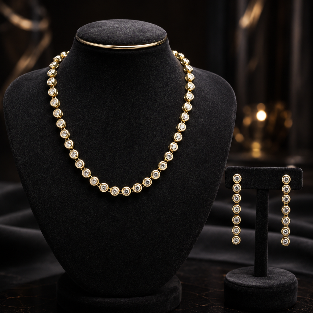 Dainty White Stone Gold-Plated Weightless Short Chain Set with Pressing Earrings