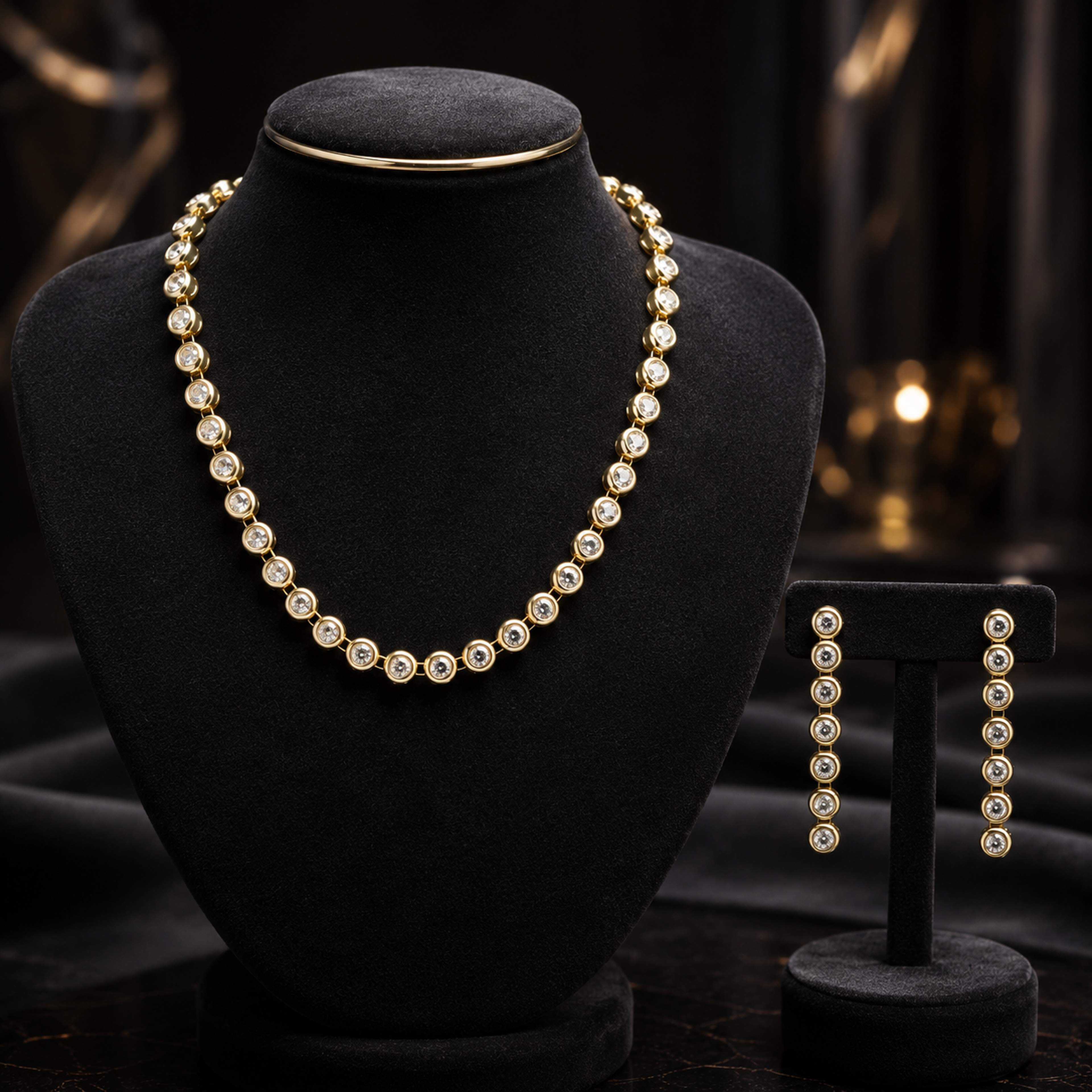 Dainty White Stone Gold-Plated Weightless Short Chain Set with Pressing Earrings