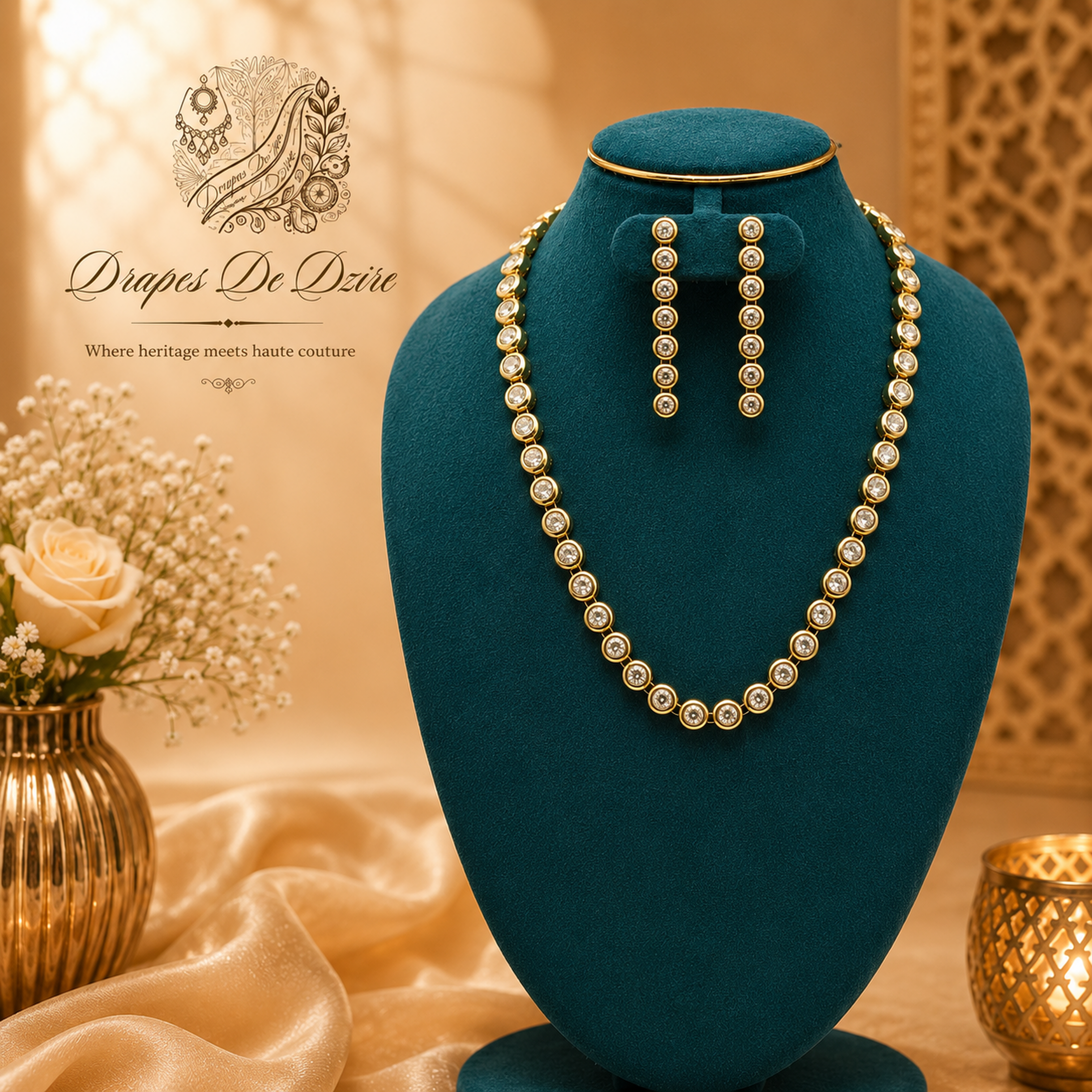 Dainty White Stone Gold-Plated Weightless Short Chain Set with Pressing Earrings