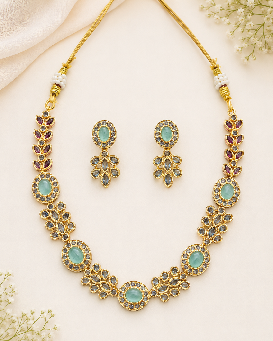 Aqua Floral Gold-Plated Necklace Set