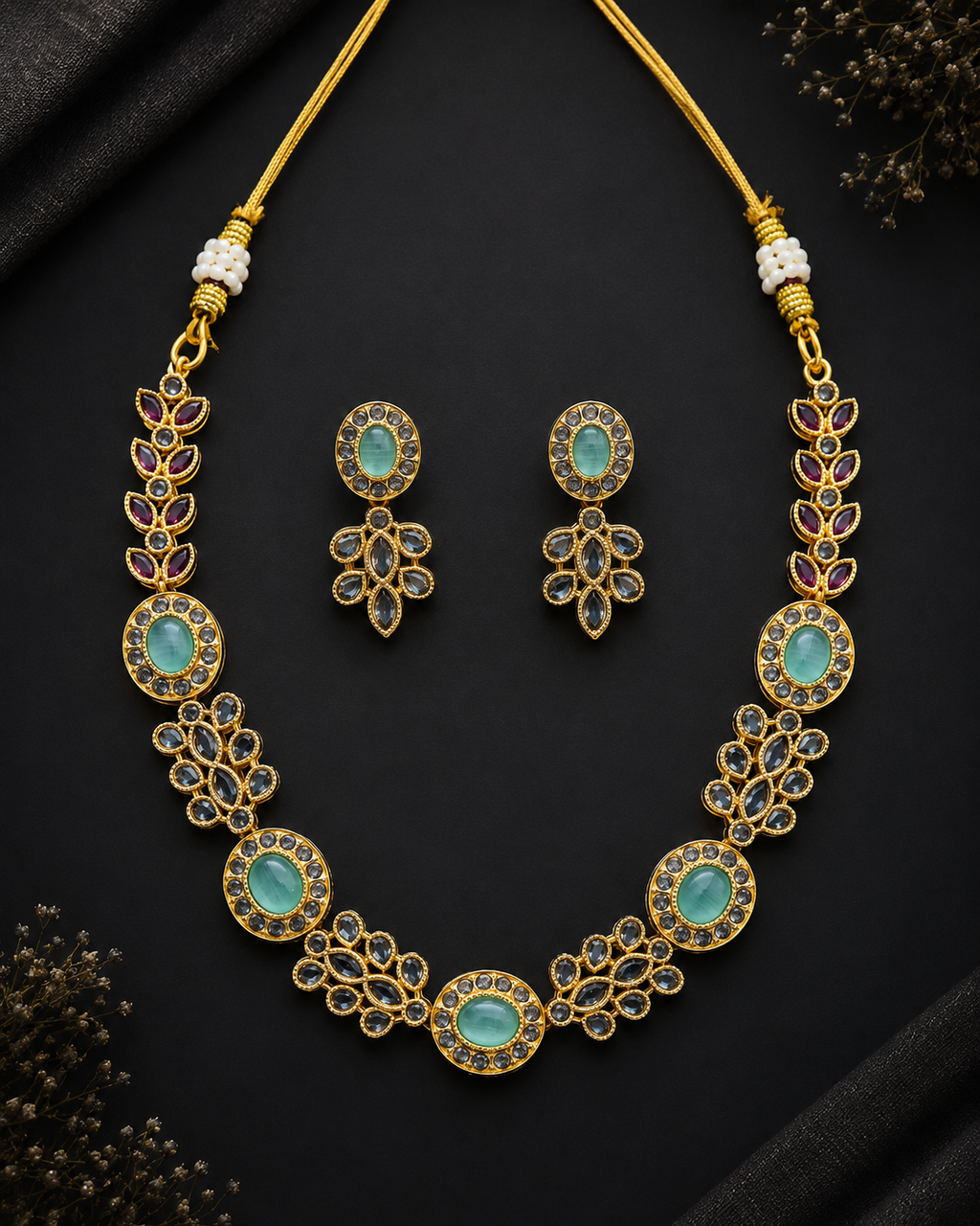 Aqua Floral Gold-Plated Necklace Set