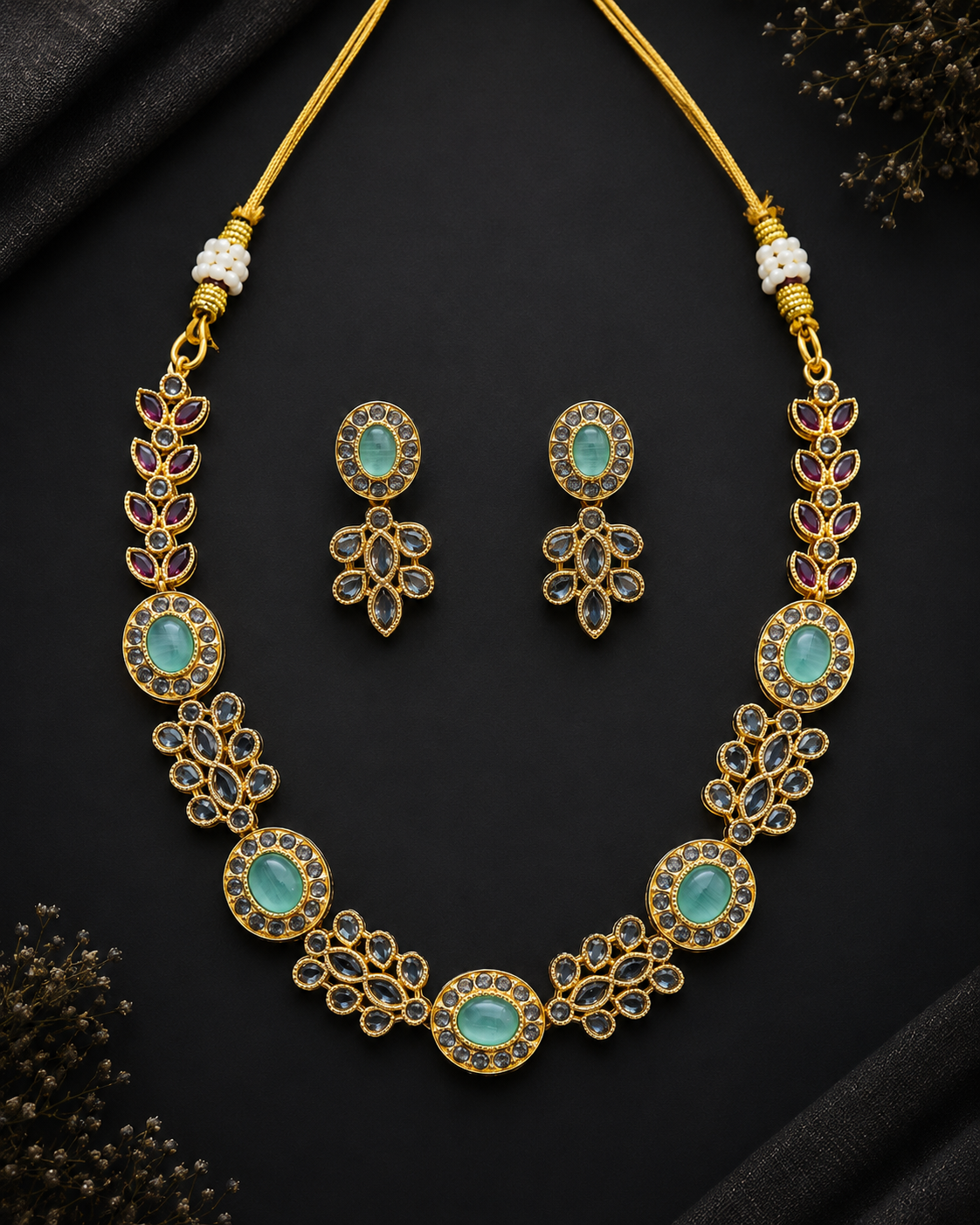 Aqua Floral Gold-Plated Necklace Set