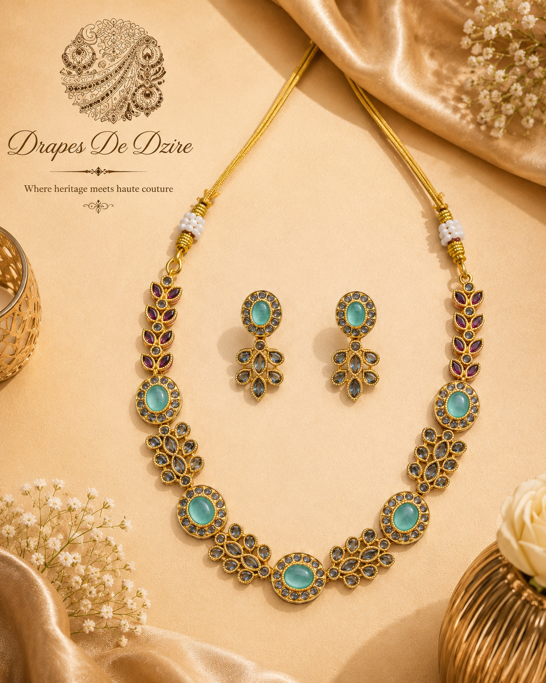 Aqua Floral Gold-Plated Necklace Set