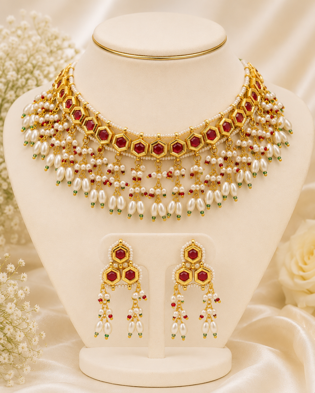 Gold-Tone Red Stone Pearl Choker Necklace Set