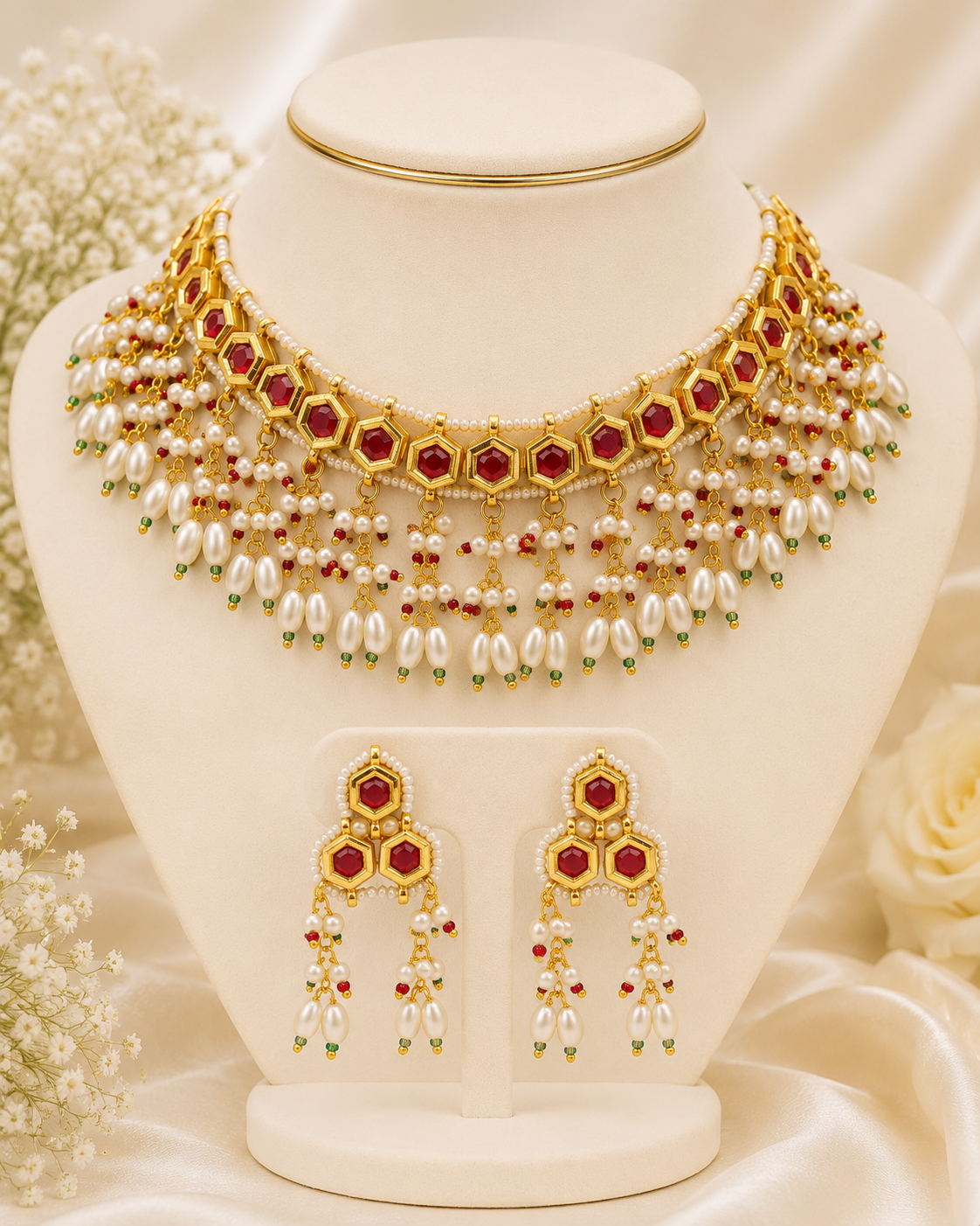 Gold-Tone Red Stone Pearl Choker Necklace Set