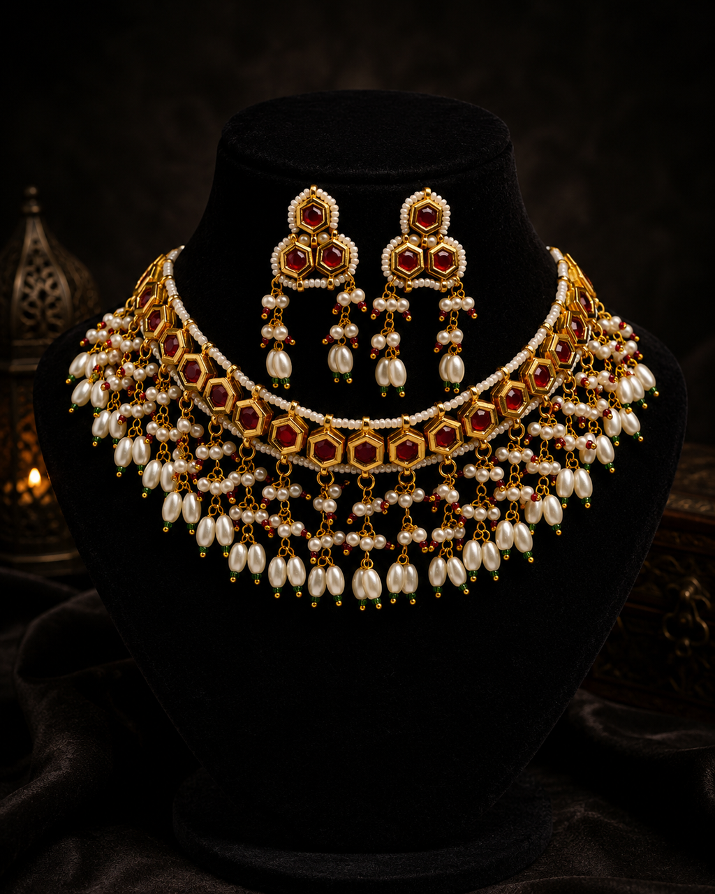 Gold-Tone Red Stone Pearl Choker Necklace Set