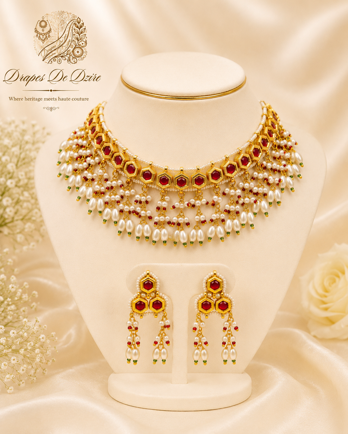 Gold-Tone Red Stone Pearl Choker Necklace Set