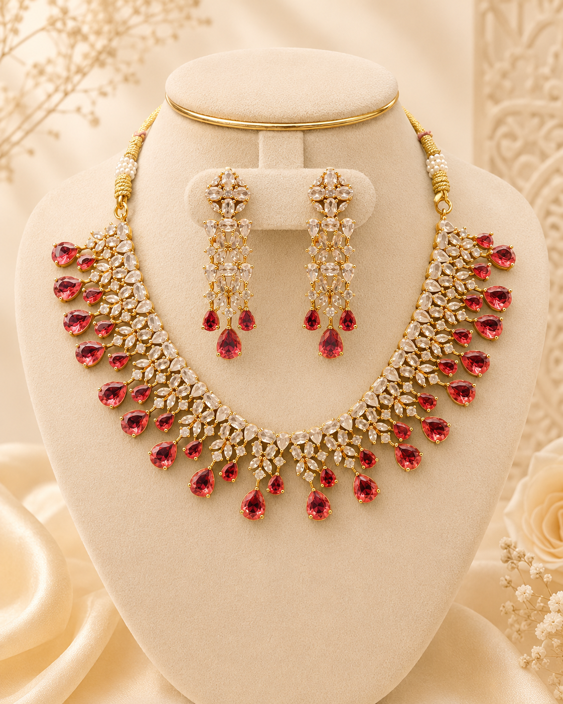 Elegant White & Pink Gold-Plated Statement Choker Set with Pressing Earrings