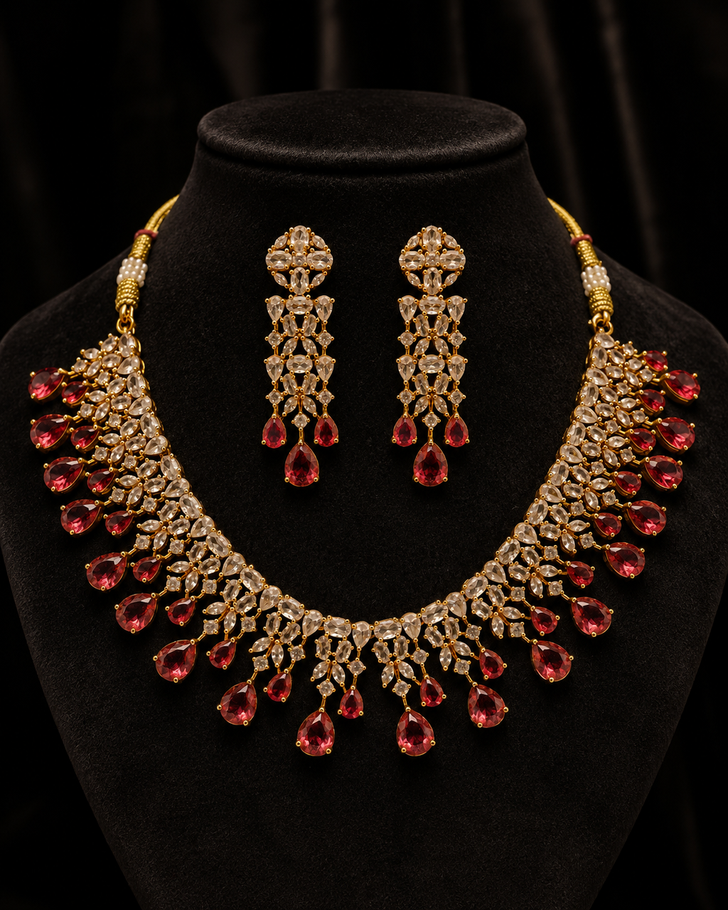 Elegant White & Pink Gold-Plated Statement Choker Set with Pressing Earrings