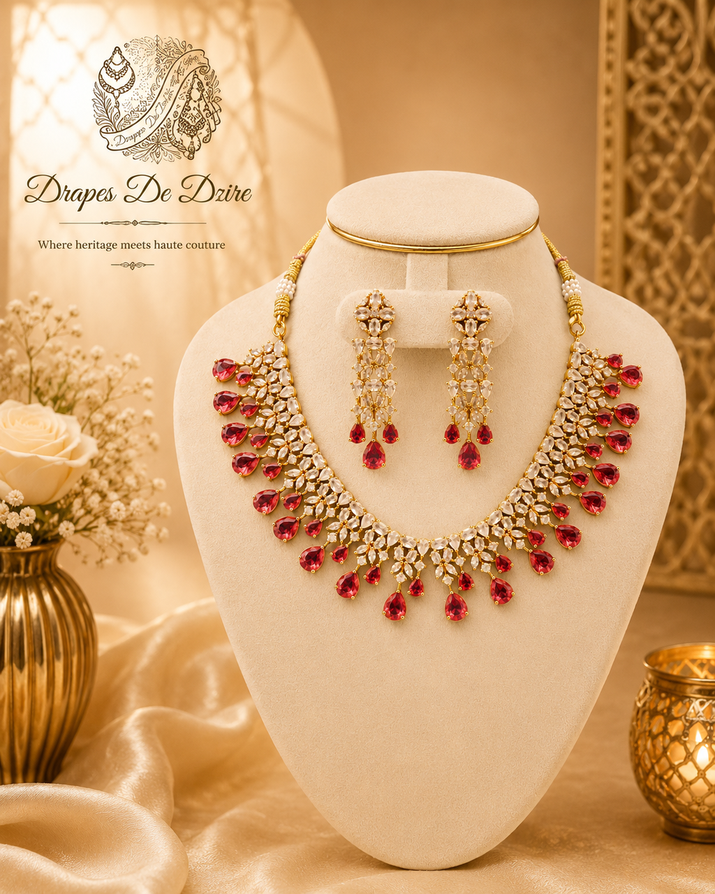 Elegant White & Pink Gold-Plated Statement Choker Set with Pressing Earrings