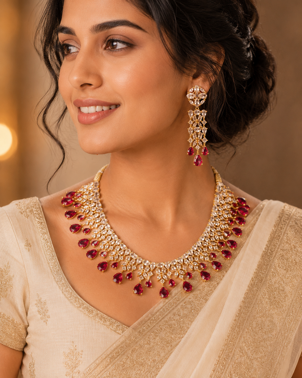 Elegant White & Pink Gold-Plated Statement Choker Set with Pressing Earrings