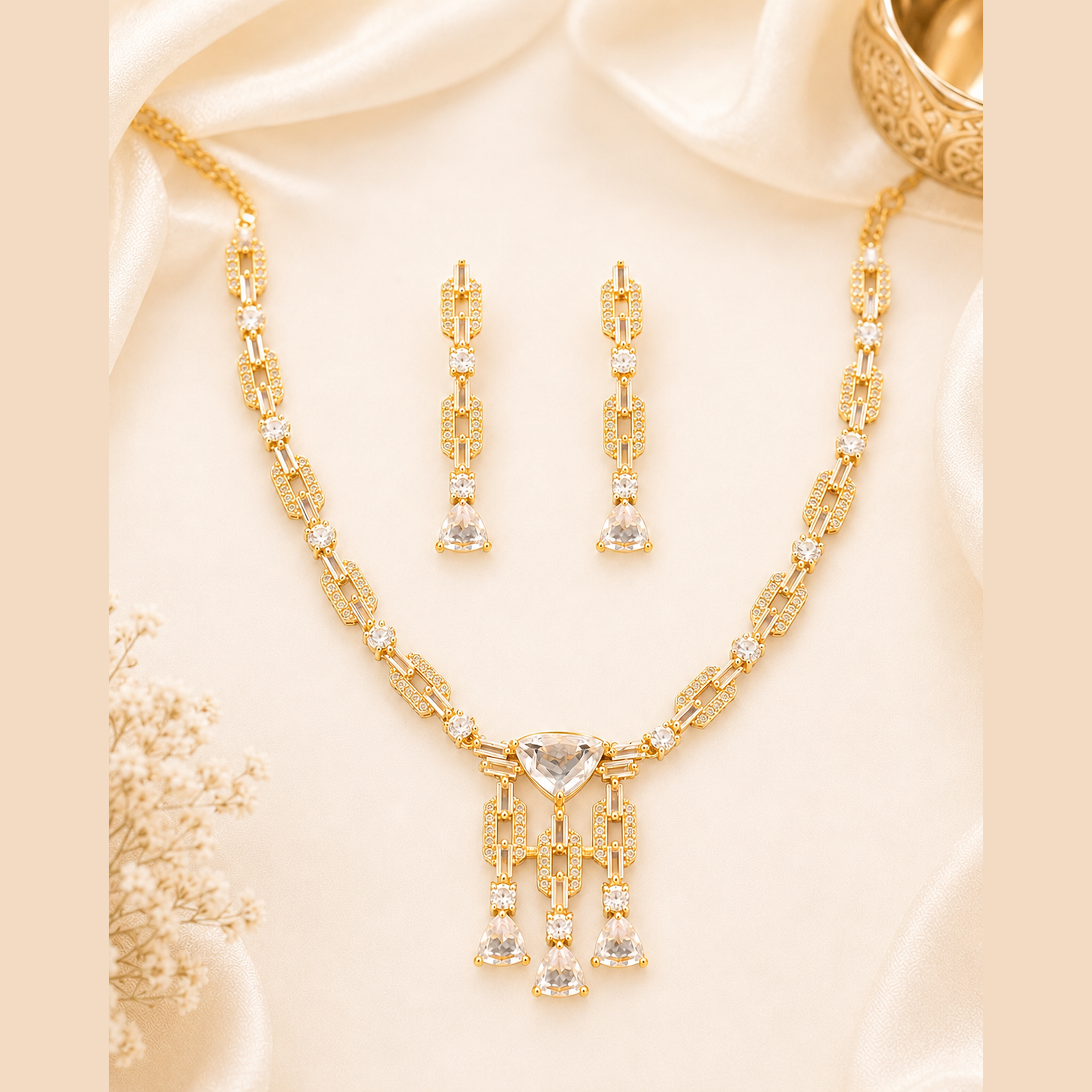 White Stone Gold-Plated Minimalist Necklace Set