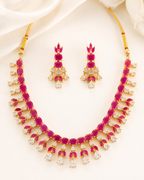 Brass White & Maroon Stone Short Choker Set with Pressing Earrings
