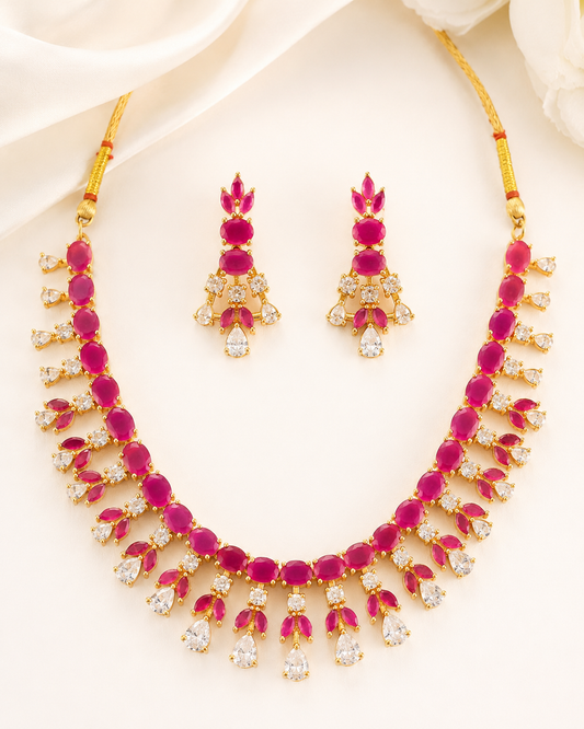 Brass White & Maroon Stone Short Choker Set with Pressing Earrings