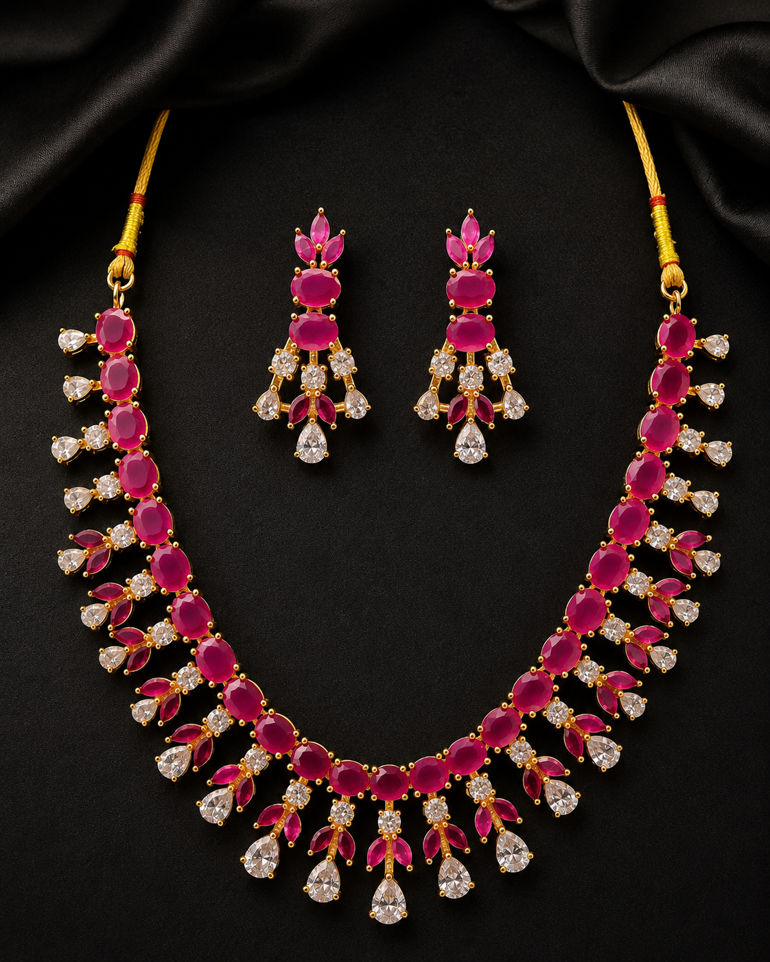 Brass White & Maroon Stone Short Choker Set with Pressing Earrings