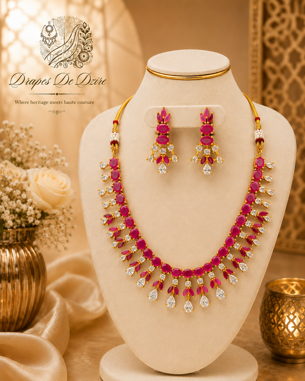 Brass White & Maroon Stone Short Choker Set with Pressing Earrings