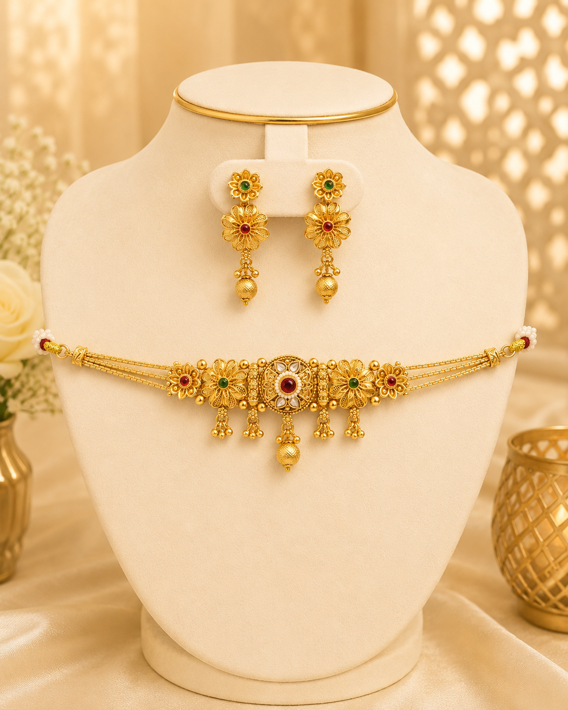 Gold Floral Choker Necklace Set with Red & Green Stones
