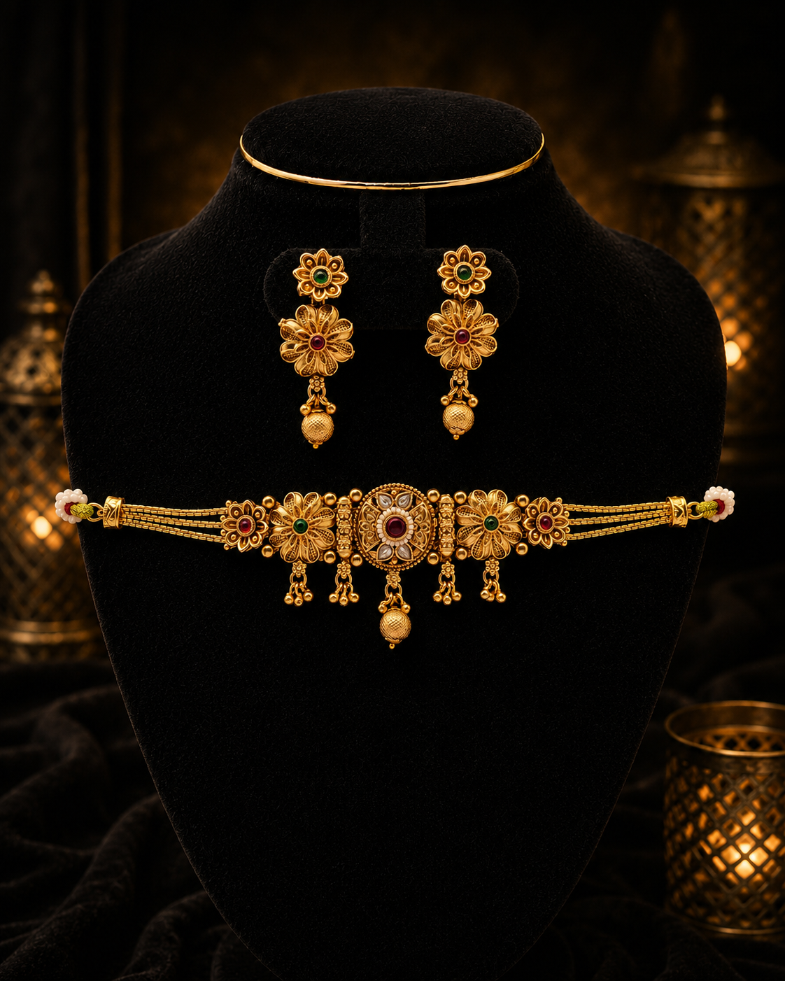 Gold Floral Choker Necklace Set with Red & Green Stones
