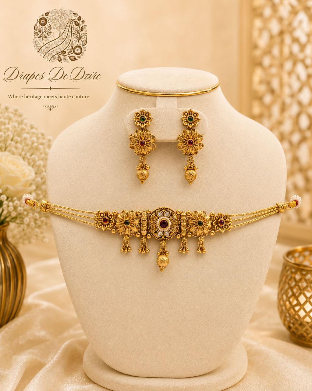 Gold Floral Choker Necklace Set with Red & Green Stones